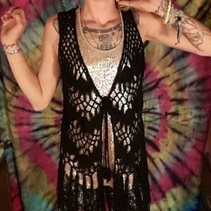 Steve Madden Black Crochet Vest With Tasse…